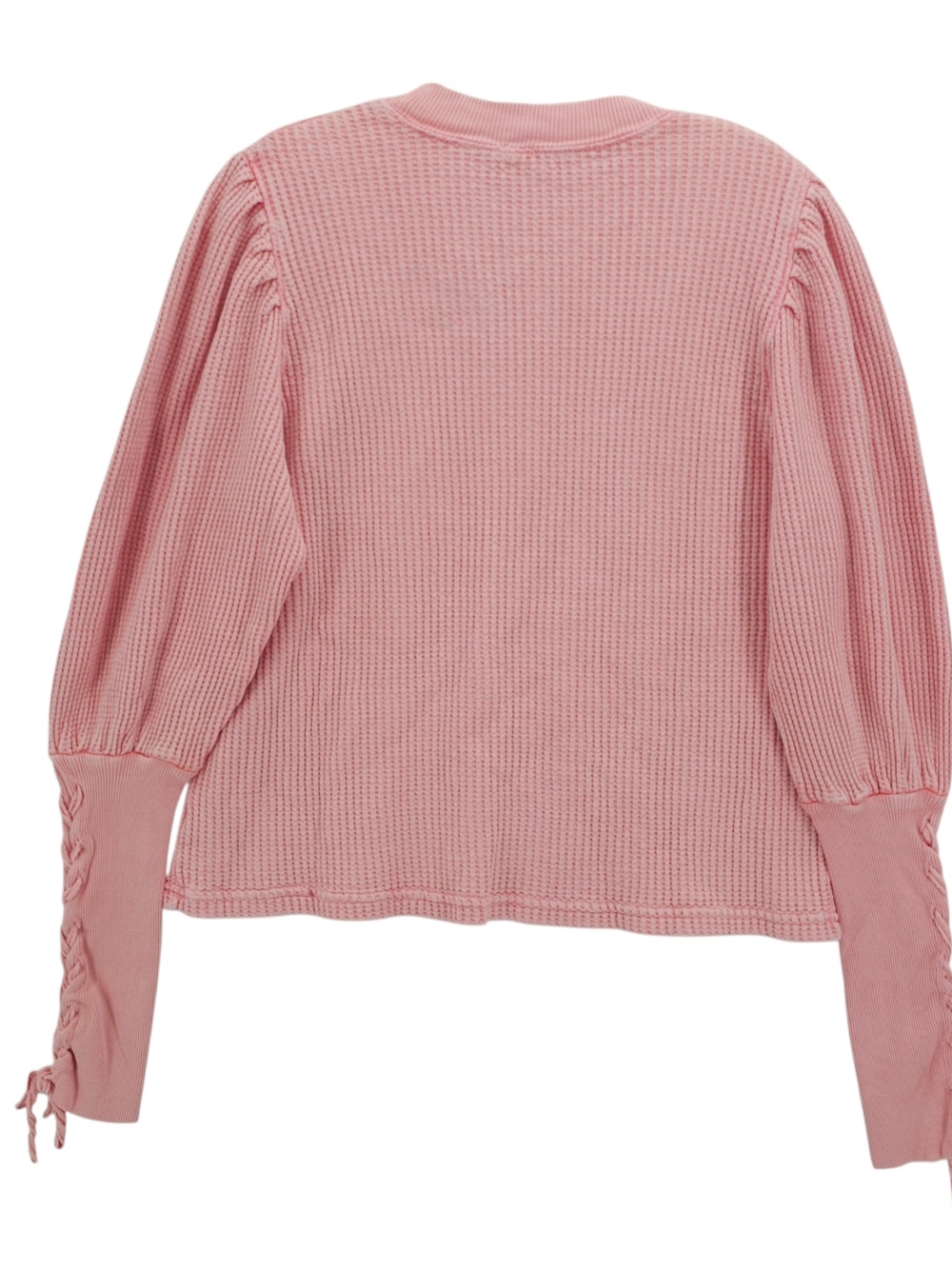FREE PEOPLE Tasha Thermal Top Waffle Knit Pastel Pink Lace Sleeve XS -SMALL HOLE - Picture 3 of 8